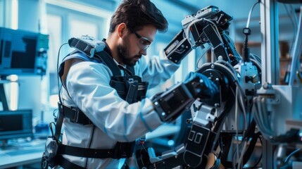 Wall Mural - Engineers design a powered exosuit for people with disabilities to help them walk. Laborers utilize the suit to lift goods. Top female scientist works on a bionic exoskeleton prototype.