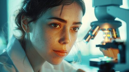 Wall Mural - Beautiful Microbiologist looks under microscope and analyzes test sample on high-tech equipment. Close up. Brilliant Microbiologist working with high-tech equipment.