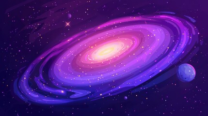 Wall Mural - a purple nebula, a spiral galaxy with glowing planets and stars, a twisted andromeda galaxy with a w