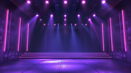 Wall Mural - Animated neon room with light stage. Dark abstract studio with screen night scene. Empty television room for a dance party or concert. Purple showroom interior for casino game design.