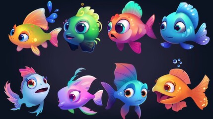 Wall Mural - Animated cartoon fish with fins and smiling lips. Funny underwater animal characters from the sea. Wildlife habitats at the bottom of an aquarium or ocean.