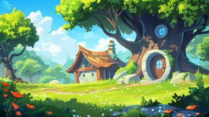Wall Mural - Gnome house in summer forest. Modern cartoon illustration of small wooden hut with round door and window on woodland glade with green grass and old tall trees, fantasy dwarf game scene.