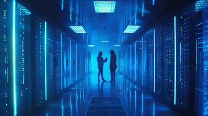 Poster - A male IT specialist and a female e-commerce manager talk over a laptop in a big server farm cloud computing facility with IT professionals working.