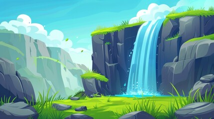 Wall Mural - Illustration of stream flowing down cliff for natural summer landscape design. Cartoon illustration of waterfall on rocky mountain with green grass.