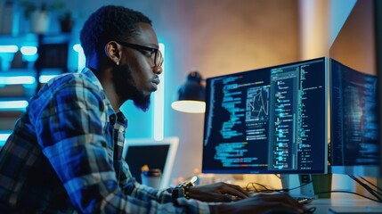 I am a black IT programmer working on a desktop computer. I am a web developer and software engineer developing an app, a video game. I am progressive, innovative, and inspirational.