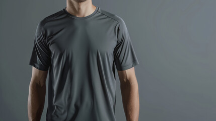 Wall Mural - Man Wearing a Grey Performance T-Shirt Standing Against a Gray Background, Mockup