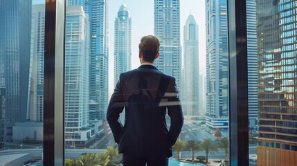 Wall Mural - Standing in his modern office, a successful young businessman wears a perfectly tailored suit while overlooking a big city with skyscrapers. The successful finance manager is planning future project