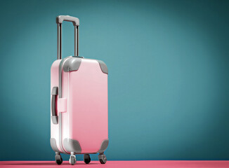 Pink suitcase on blue and pink background. Copy space.