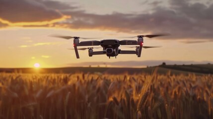 A moving drone spraying pesticides, fertilizers or water on a cultivated field at sunrise.