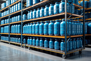 Wall Mural - Industrial interior of warehouse storage of chemical liquids on racks and trolley. Liquid blue package storage in warehouse. Concept of industry warehousing and stored of goods. Copy ad text space