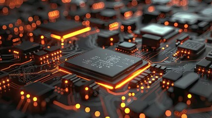 Glowing microchips in digital circuitry, 4K animated video looping