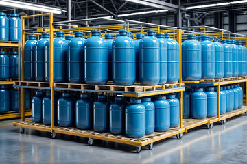 Wall Mural - Industrial interior of warehouse storage of chemical liquids on racks and trolley. Liquid blue package storage in warehouse. Concept of industry warehousing and stored of goods. Copy ad text space