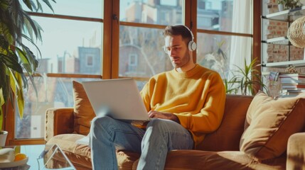 Poster - An attractive young man works on his laptop computer while sitting on the sofa in a stylish loft apartment. He is wearing a cozy yellow sweater and headphones. The view is of the city from the big