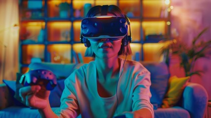 Wall Mural - Female Gamer in a Modern Headset and Using Controllers Playing Virtual Reality Game at Home in Her Living Room. She is Wearing a Modern Headset and Using Controllers.