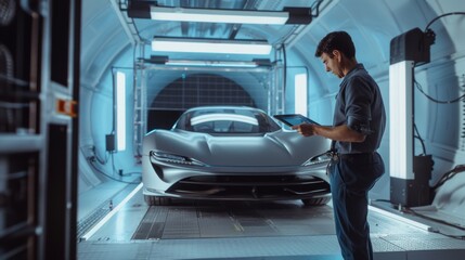 Wall Mural - Engineers from an Engineering Research Agency perform aerodynamic tests with a modern eco-friendly electric sports car in a wind tunnel. The director of development works on a tablet to change the