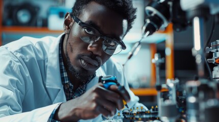 Wall Mural - African Engineer Using a Screwdriver While Developing a Robot Dog Concept. Black Specialist Working in a High Tech Research Lab.