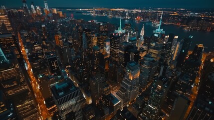 Wall Mural - Cityscape of Manhattan from the sky with dazzling landmarks, skyscrapers, and residential buildings. View of Manhattan from a helicopter.