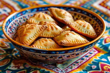 Wall Mural - Puff pastry pockets in traditional ornament bowl. 