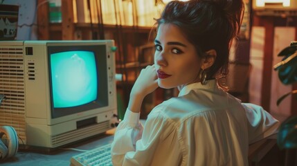 Wall Mural - an hispanic female software engineer is sitting in a retro garage, working on an old desktop compute