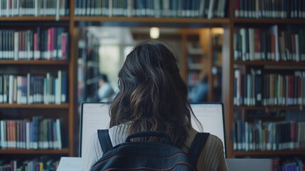 Canvas Print - This is a shot of an over the shoulder shot with a college student studying engineering in a library. The woman is anonymous. She is studying online and getting ready for technical exams.