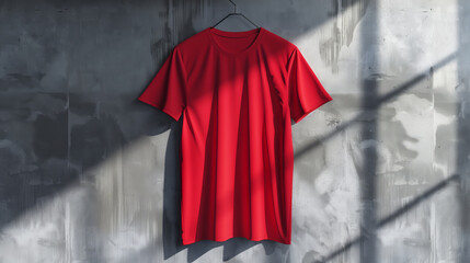 Wall Mural - Red T-Shirt Hanging On Wall With Sunlight And Shadows Creating An Artistic Effect, Mockup