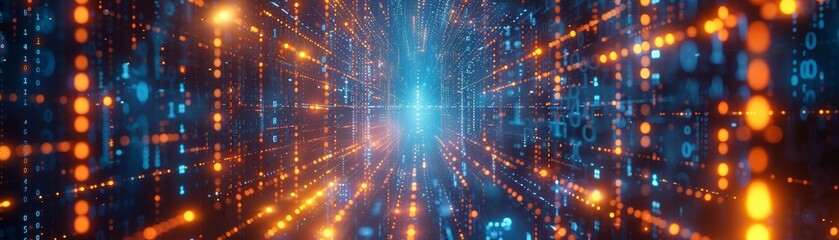 3D rendering of a network of digital binary codes conveying connectivity, complexity, and data flood in the digital age