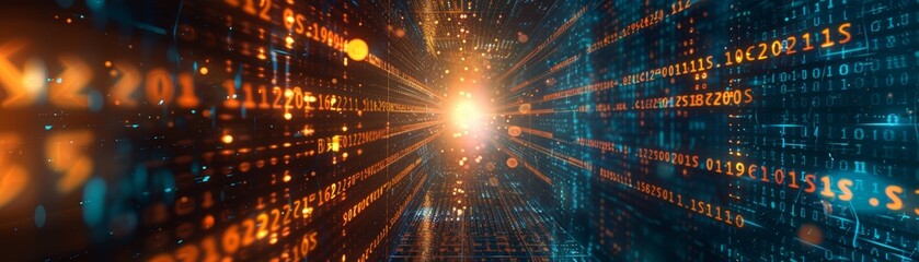 Binary code background with binary data falling from the top of the screen. Digital binary data and secure data concept.