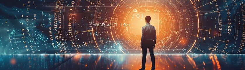 A businessman works on a digital diagram to enhance his program, a software developer works on a digital improvement concept