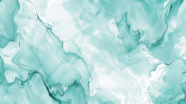This pastel cyan mint liquid marble watercolor background is framed by white lines and brush stains. A beautiful teal turquoise marbled alcohol ink drawing effect is created on this modern