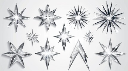 Canvas Print - Y2k bling star icons. Modern illustration of silver light flares, stars, and sparkles isolated on transparent background. Y2K light flare design elements for retrofuturistic, brutalist cool posters.