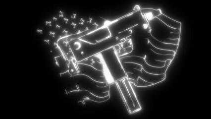 Sticker - white silhouette of weapont Uzi with ameican flag in neon style