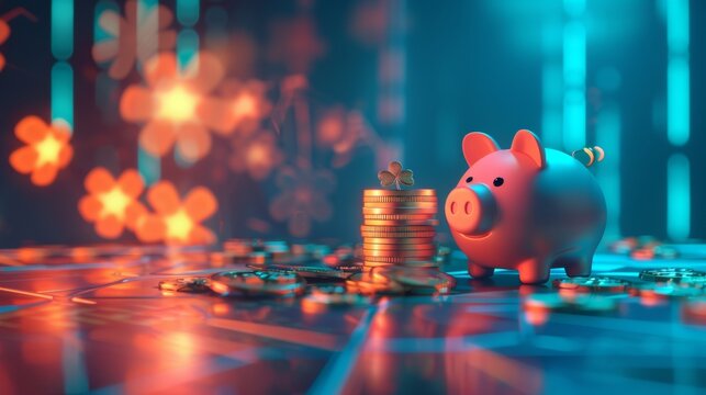 A pink piggy bank and a four leaf clover stick out of a stack of gold coins on a blue background. Investment success, savings concept - Stock artificial intelligence