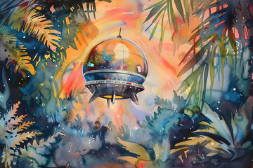 Wall Mural - Space capsule landing on a vibrant, alien jungle planet, watercolor illustration  