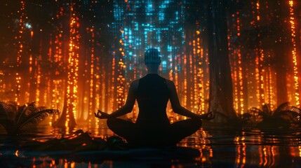 In a spiritual nirvana within mystical light effects, a woman practices yoga meditation outside in a forest, mindfulness until spiritual awareness and nirvana