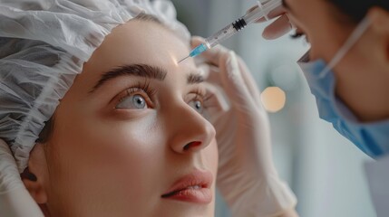 An aesthetic doctor injects neurotoxin or dermal filler in the crow's feet or upper eyelid of a woman. Close-up of the woman's head in the white cap and the doctor's hands in the gloves. Concept of a