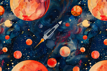 Wall Mural - Space probe exploring distant planets, watercolor illustration seamless pattern 