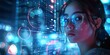 © SH Design - A young woman wearing glasses is surrounded by glowing data and graphs, symbolizing the power of technology in her professional life.