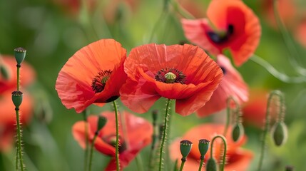 Poster - Close-up of vibrant red poppies in a green meadow. Perfect for nature-themed projects, wall art, or backgrounds. Bright and colorful floral photography. AI