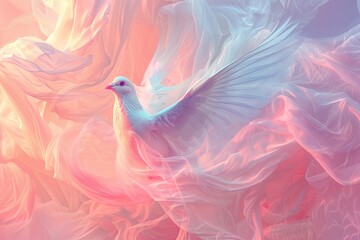 International Day of Peace serene dove made of flowing ribbons of light, soaring through a sky filled with abstract, pastel-colored clouds, representing harmony and peace, peace flag background