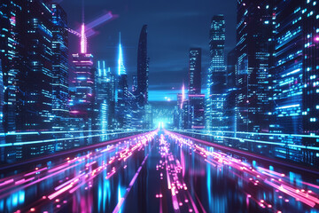 Wall Mural - Speed light trails path through smart modern mega city and skyscrapers town with neon futuristic technology background, future virtual reality, motion effect, high speed light 