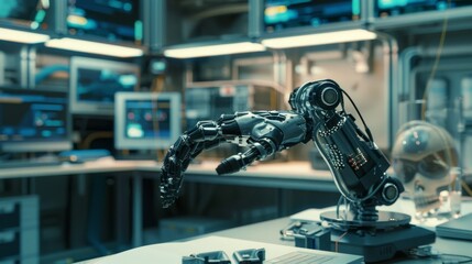 Wall Mural - An image of a futuristic robot arm on a desk in a high-tech research laboratory featuring modern technology.