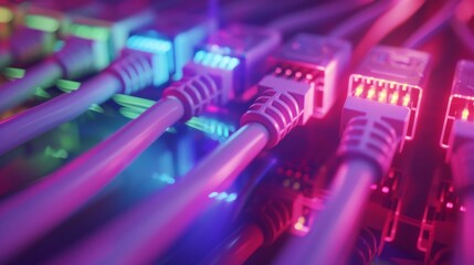 Canvas Print - Macro shot of Ethernet cables connected to router ports with blinking lights. Telecommunications: RJ45 connectors plugged into modem LAN switches. Side view.