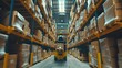 © Антон Сальников - There are many shelves with goods in a retail warehouse. A forklift driver lifts a pallet containing cardboard boxes on a shelf. In the distribution center, workers are scanning products, using