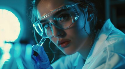 Wall Mural - A female medical scientist in white coat and safety glasses examines a testing sample with a micropipette in a high-tech laboratory performing innovative, experimental drug research and biotech