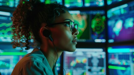 Canvas Print - Female Data Scientist Works on Green Chroma Key Screen Computer. Experts Use Computers to Display Graphs, Information. Control Room Professionals.