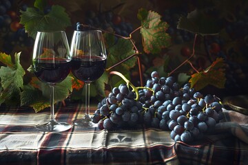 Still life with two glasses of wine and grapes on a table with a stripped natural tablecloth. On a dark background.