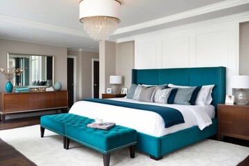 Wall Mural - Master Bedroom Design With Teal Blue Headboard