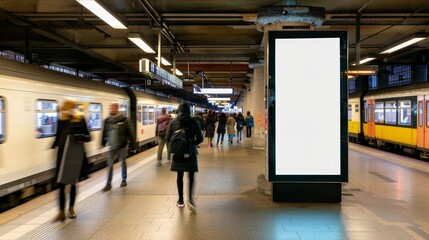 Poster - In the heart of the train station, a lightbox vertical billboard with a blank digital screen stands out. This mockup, featuring a white poster, is ideal for displaying public information or ads to 