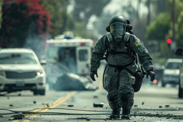 A man in a hazmat suit is walking down a street with a fire truck