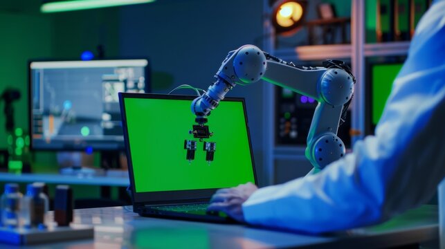 The Robotics Engineer using a laptop computer on a green screen mockup is pointing at a microchip held by a robotic arm. The Automation Startup Research and Development Office is pictured on the